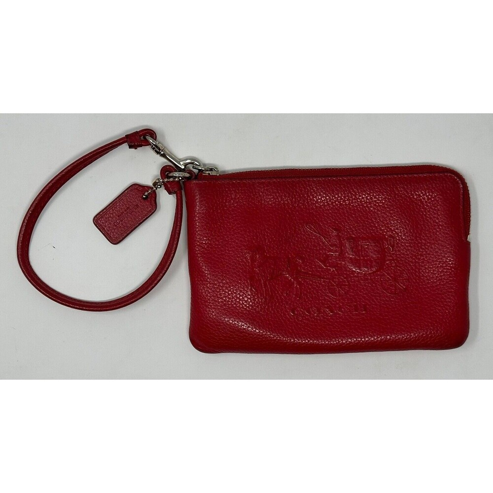 Coach Vintage Red Wristlet Wallet Pebbles Leather Zip Up Strap Stagecoach